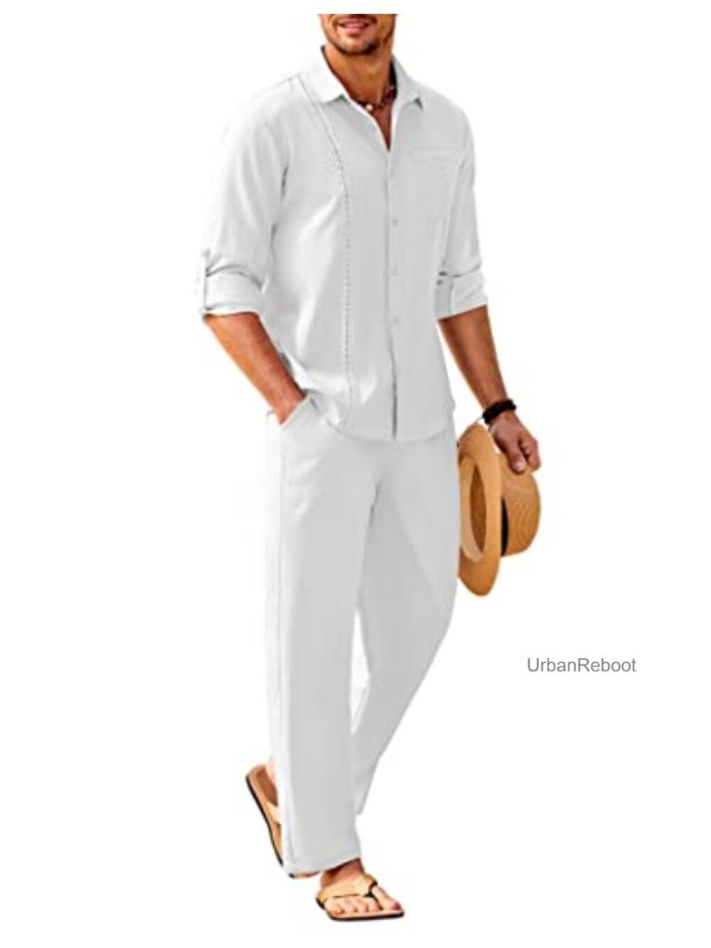 Mens 2 Piece Linen Outfit Long Sleeve Cuban Shirt & Pants Set Summer Beach